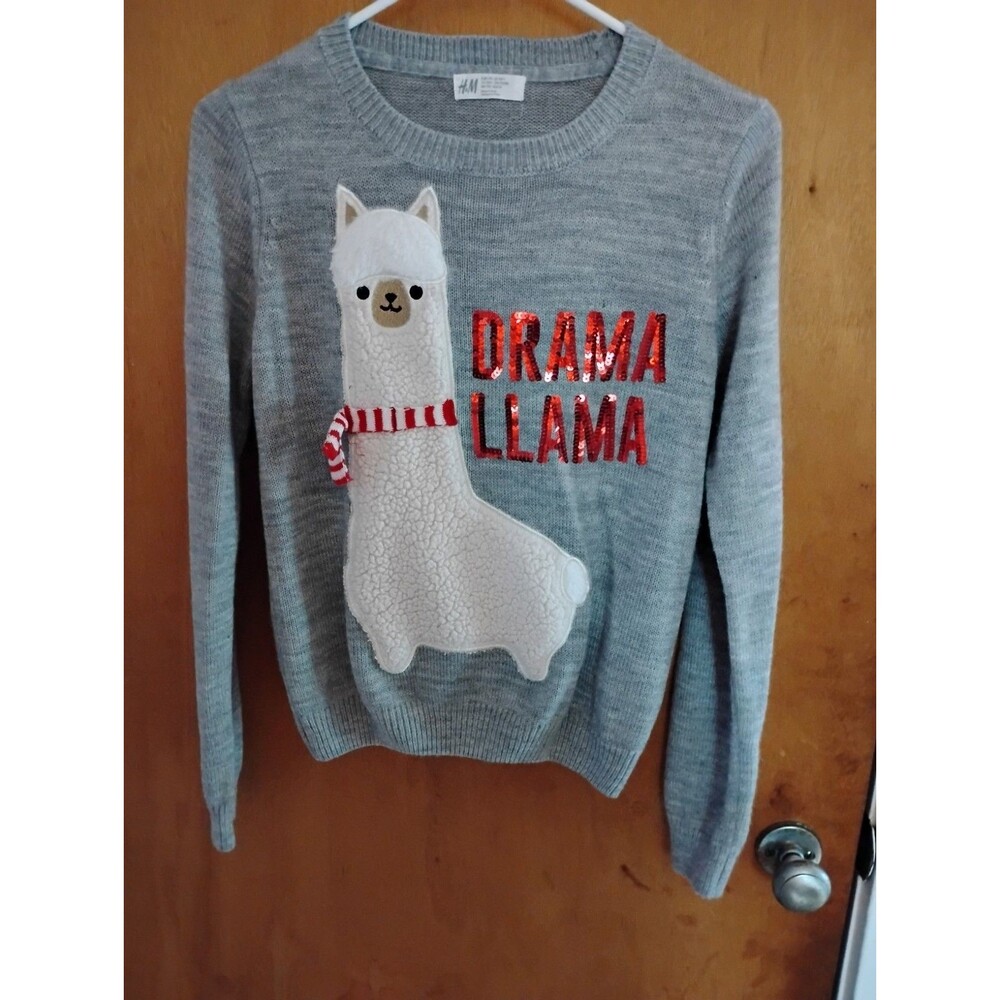 H&M Drama Llama Applique Sequined Letters Pullover Acrylic Sweatshirt Size 14Y